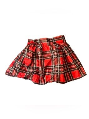 SHEIN Red Plaid Bow-Applied Circle Skater Mini Skirt